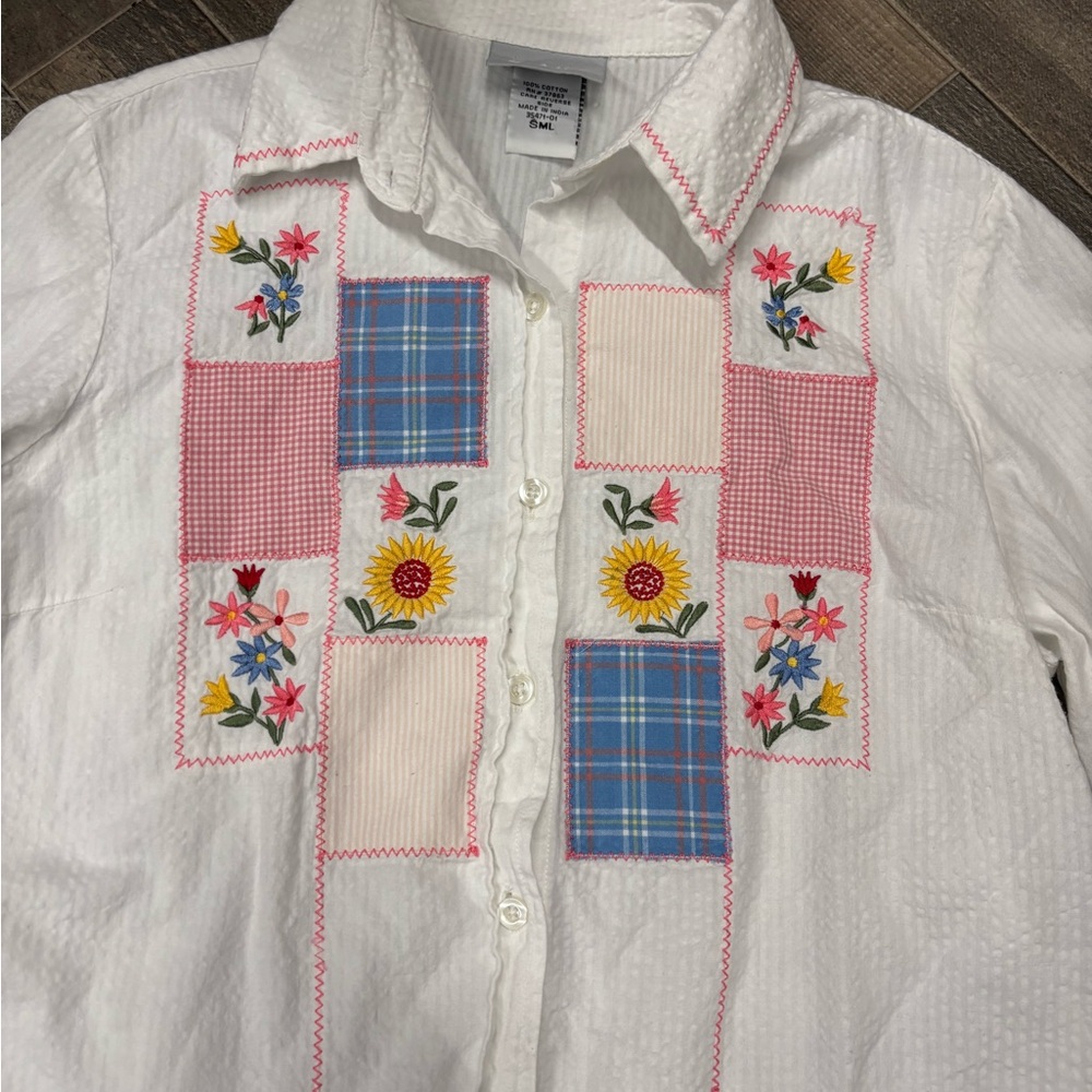 Vintage White Button-Down Shirt Patchwork Floral … - image 2